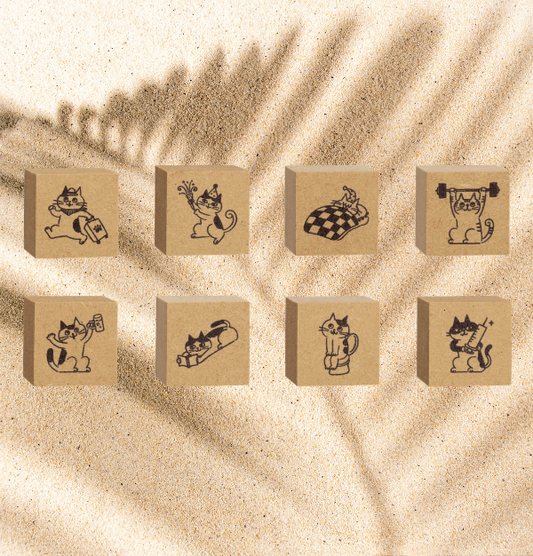 Cat Daily Plan Wood Rubber Ink Stamp Journal Diary Planner Scrapbook Decor 8 Piece Set